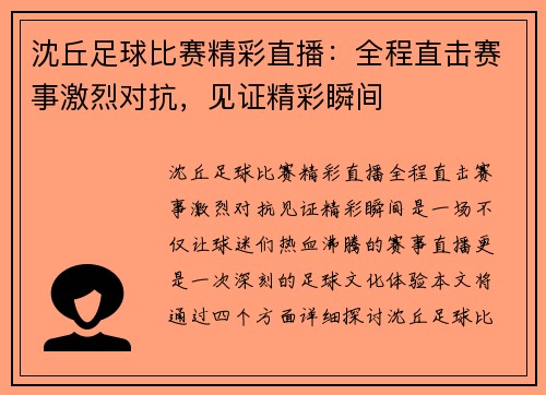 沈丘足球比赛精彩直播：全程直击赛事激烈对抗，见证精彩瞬间