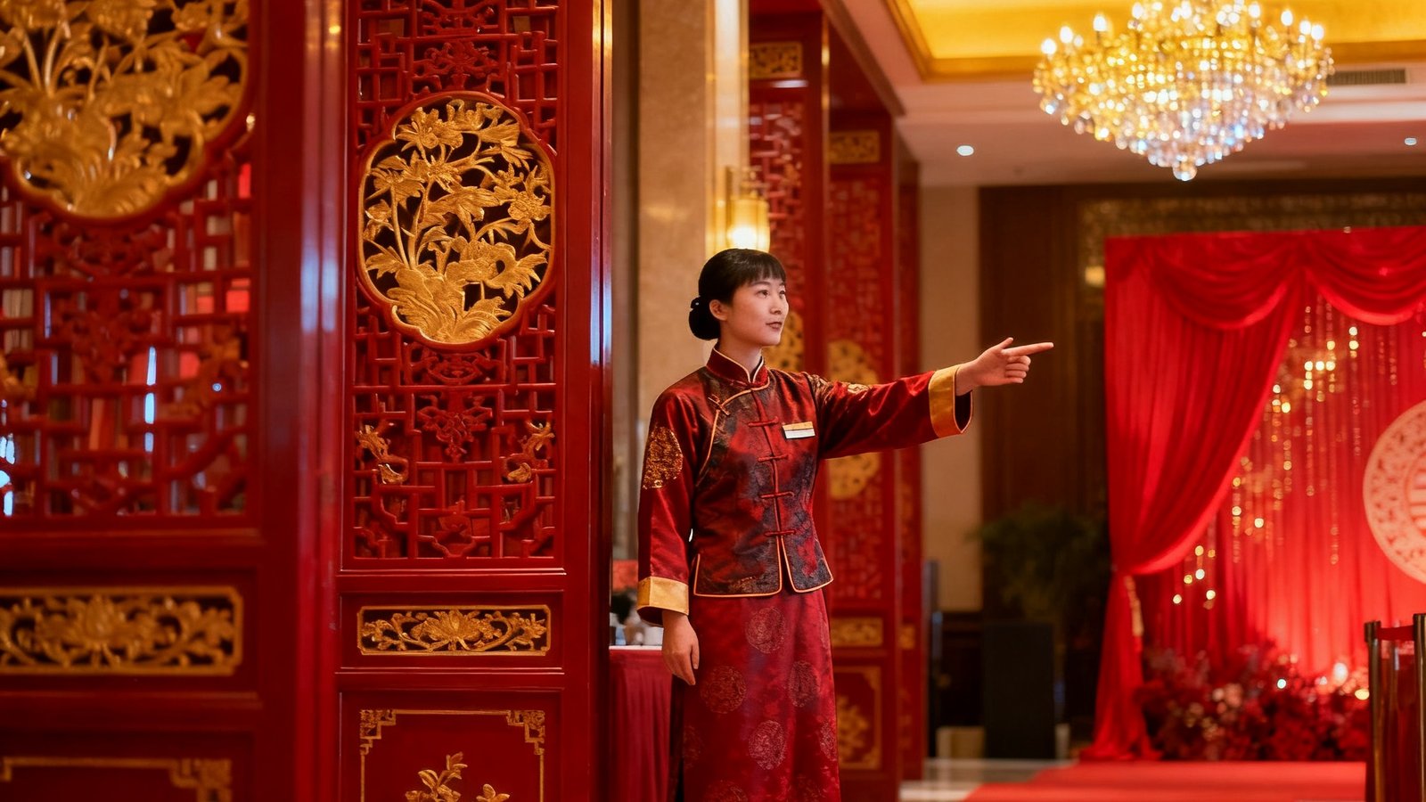 一张展示玖鼎贵宾厅中式婚礼接待大厅的实景照片，红色与金色交织的装饰风格，传统雕花屏风与水晶吊灯相映成辉，礼宾专员正在为来宾指引方向