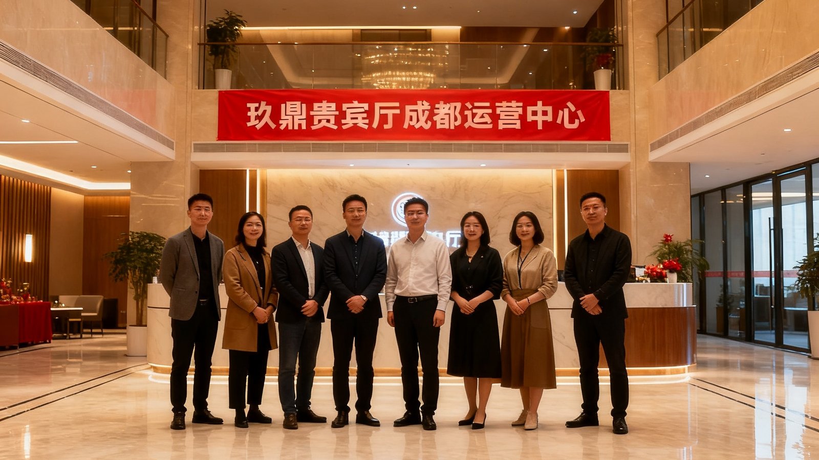 玖鼎贵宾厅成都运营中心开业庆典现场照片，新装修的接待大厅明亮宽敞，团队成员合影留念