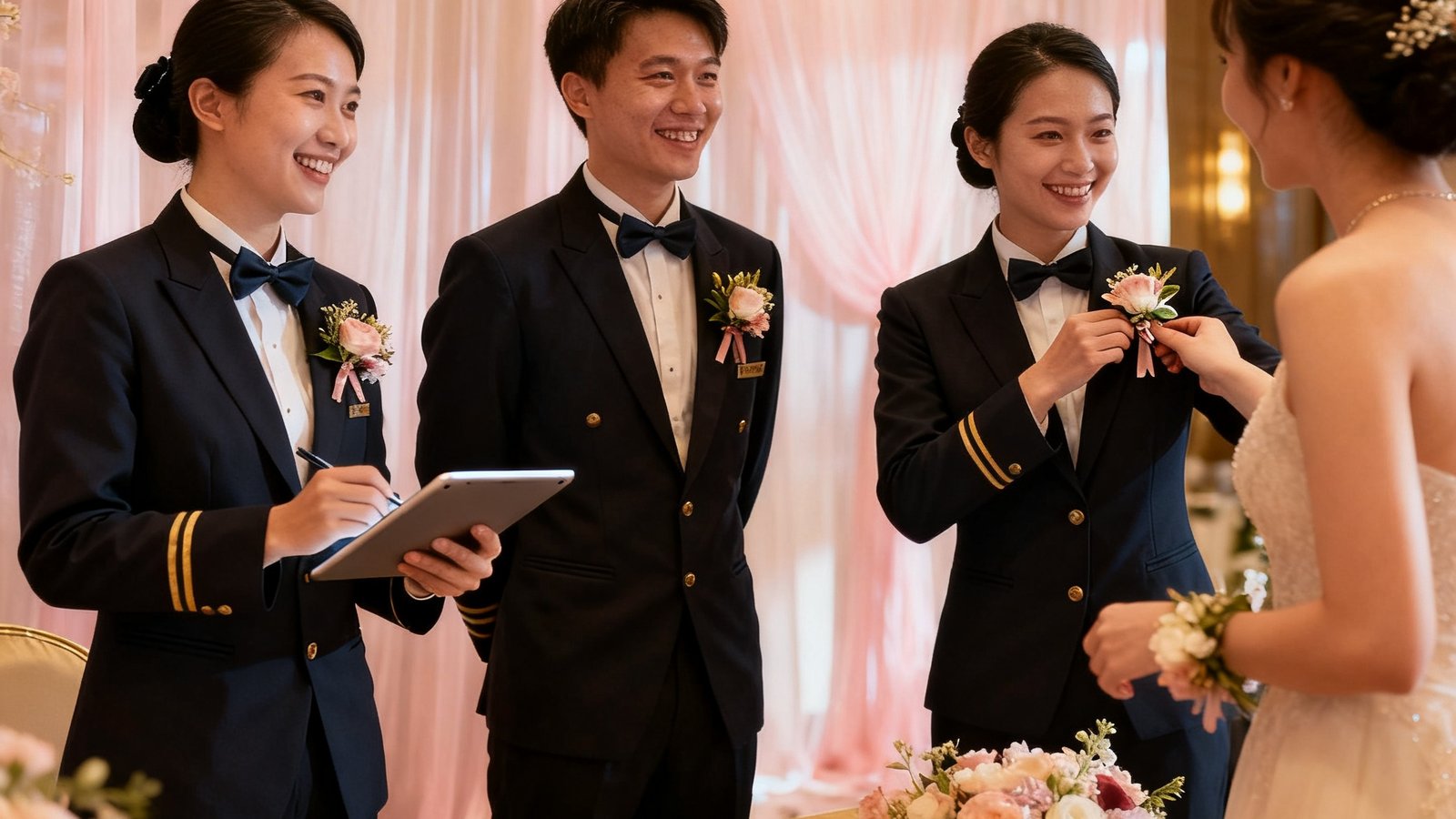 三位身穿统一深色礼宾制服的专员在婚礼签到区微笑迎接来宾，一人手持平板电脑协助签到，一人为来宾佩戴胸花，一人引导方向