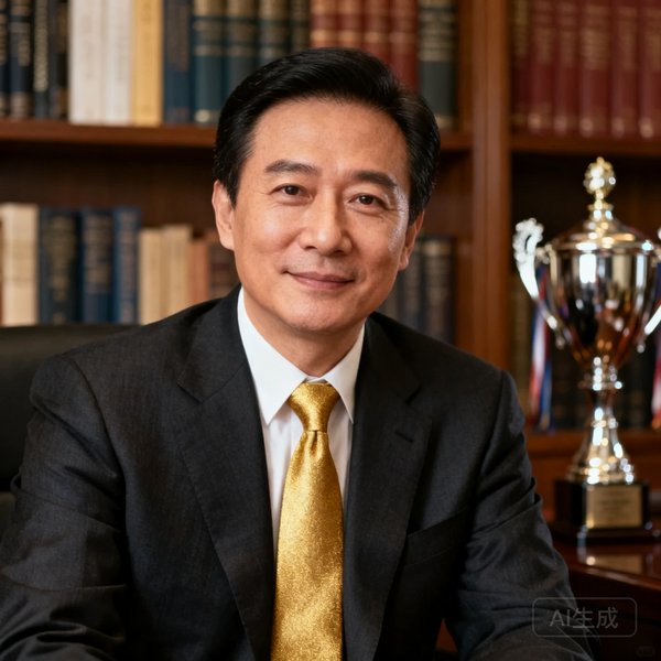 陈启明的职业肖像照，身穿深色西装搭配金色领带，背景是书架和奖杯，神情专注而温和