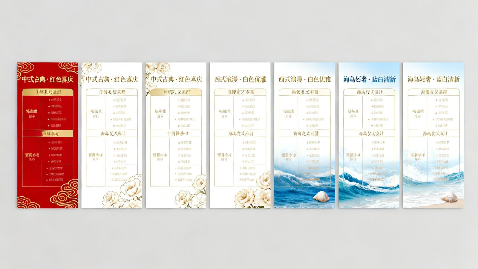 七张不同主题婚礼礼宾方案的精美展示卡片，中式古典的红色喜庆、西式浪漫的白色优雅、海岛轻奢的蓝白清新等风格各异的视觉呈现